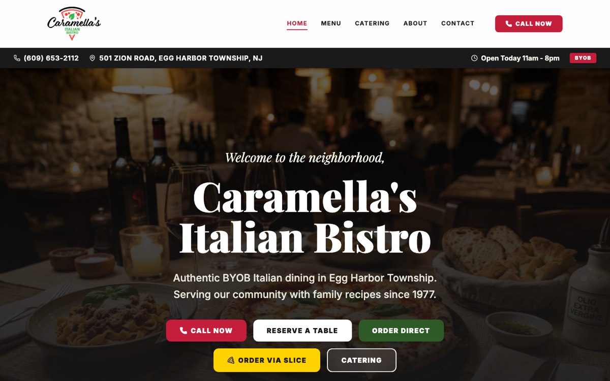 Caramella’s Italian Bistro website on a desktop screen