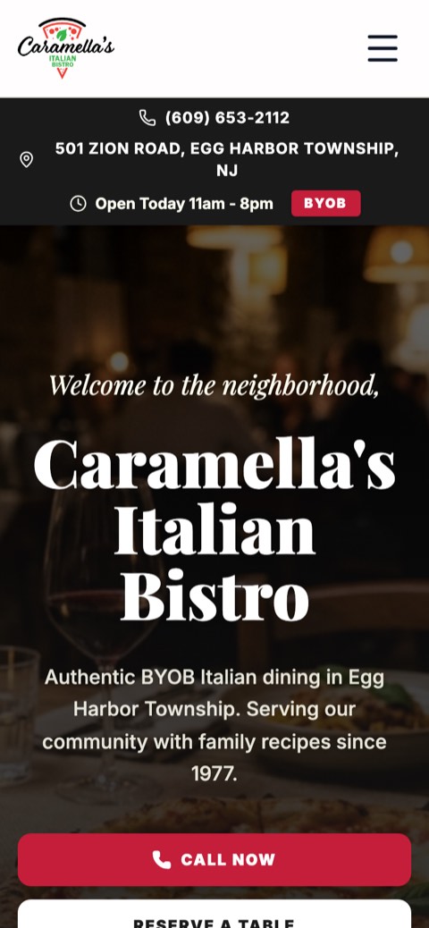 Caramella’s Italian Bistro website on a phone