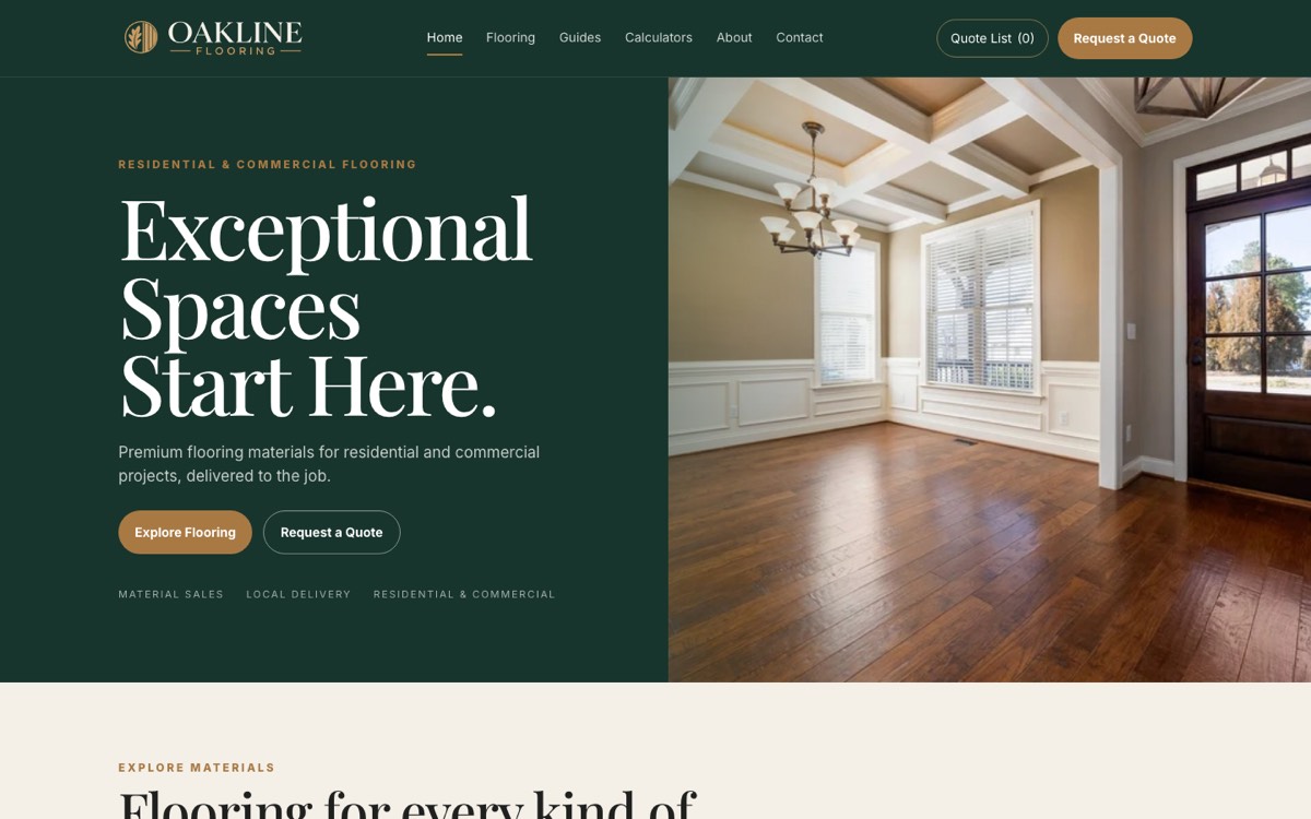 Oakline Flooring website on a desktop screen