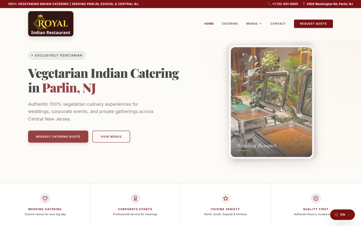 Royal Indian Catering website on a desktop screen