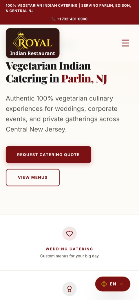 Royal Indian Catering website on a phone
